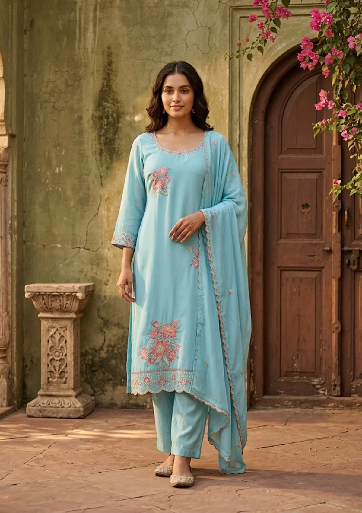 Sky Blue Semi Crepe Threadwork Straight Kurta With Pant Regular And Dupatta